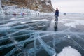 A people at a beautiful frozen ais view in Lake Baikal during winter Royalty Free Stock Photo