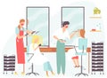 People in the beauty salon. Hairdresser makes a woman a hairstyle, a make-up artist does makeup. Concept for banner, website