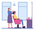 People in beauty salon. Hairdresser styling hair. Barber with customer. Professional hairdo. Hairstylist making haircut