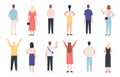 People from behind. Adult man and woman back view standing poses. Happy person with hands up and waving. Rear human in