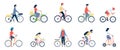 People on bicycle and bike. Different person cycling, flat woman kid riding. Healthy lifestyle, sport and city ride