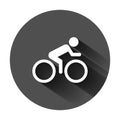 People on bicycle sign icon in flat style. Bike vector illustration on black round background with long shadow. Men cycling Royalty Free Stock Photo