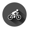 People on bicycle sign icon in flat style. Bike vector illustration on black round background with long shadow. Men cycling Royalty Free Stock Photo