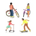 People on bike, boy on skateboard, girl on scooter Royalty Free Stock Photo