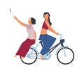 People on bike. Cute women riding on bicycle. Girls driving cycle and making selfie. Cyclist carries passenger. Eco