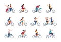 People on bike. Diverse people characters riding on bicycle isolated on white background. Vector cartoon group of people