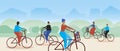 People on bike riding in the park, copy space template, flat vector illustration with Cyclists as a community