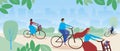 People on bike riding in the park, template with copy space, flat vector illustration with cyclist and leaves