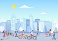 People with bikecycles, hoverboards, babies walking and relaxing in urban city square street with modern city skyline on