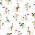 People biking seamless background pattern. Spring and summer vector pattern.