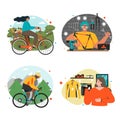 People biking, shopping and repair activity set