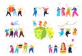 People on birthday party vector illustrations, cartoon flat happy tiny characters celebrating anniversary day, dancing