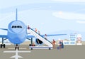 People boarding airplane, passengers walking up ramp, plane on airport runway, vector illustration