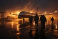 People boarding into low-cost commercial airline plane. Group of passengers heading to an aircraft. Travelling by plane on budget