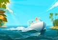 People on boat in ocean, vector illustration of man and woman riding a boat at shore in ocean in sunny day. Royalty Free Stock Photo