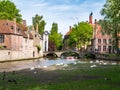 People in boat, Wijngaard bridge over canal and birds in park of Wijngaardplein in Bruges, Belgium