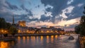 People and boats day to night timelapse, Le Pont D'Arcole bridge after sunset, Paris, France, Europe