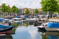 People and boats in marina of Oud-Beijerland, South Holland, Net