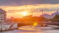 People and boats timelapse, Le Pont D'Arcole bridge at sunset, Paris, France, Europe