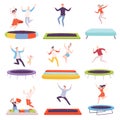 People Bouncing on Trampoline, Happy Men, Women and Kids Having Fun Together, Active Healthy Lifestyle Flat Style Vector Royalty Free Stock Photo