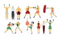 People are boxing, kickboxing, vector illustration isolated on white, boxer is training, beats punching bag, sportsmen