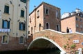 People on bridge with view of picturesque old buildings and canal. The text on the sign says `Mooring ban