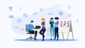 People in briefing room with small floating icons Royalty Free Stock Photo