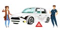 People by broken car flat color vector faceless characters Royalty Free Stock Photo