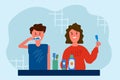 People Brushing their teeth. A man and a woman clean their teeth and mouth in the morning and evening. Toothpaste, mouthwash, Royalty Free Stock Photo