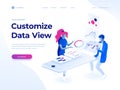 People build a dashboard and interact with graphs. Data analysis, and office situations. Landing page template.