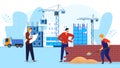 People in building construction technology flat vector illustration, cartoon worker builder characters working with