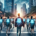 People with a built-in digital quarcode number walk through the city. Control using technologies Royalty Free Stock Photo