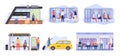 People at bus stop, crowd inside city public transport. Flat characters travel by metro train, waiting autobus or tram Royalty Free Stock Photo