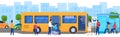 People at bus stop, disabled passenger in wheelchair, vector illustration