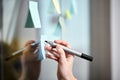 Hand with marker and sticker on glass at office Royalty Free Stock Photo