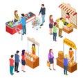 People buy food. Isometric grocery store and farm market. Food queue vector illustration Royalty Free Stock Photo