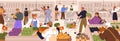 People buy food in supermarket panorama. Consumers choose products on grocery shelves in market. Customers push cart in Royalty Free Stock Photo