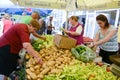 People buy fresh fruits and vegetables on a farmer market in Resen,Macedonia