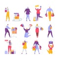 People buy gifts vector woman, man characters buying gifts on Christmas sale. Illustration set of happy customers jump