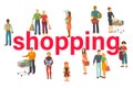 People buy with shopping bags with purchases vector illustration. Old and young couples and kids taking part in seasonal