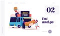 People Buy Street Food Landing Page Template. Takeaway Junk Meals from Truck. Characters with Burger and Hot Dog