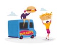 People Buy Street Food, Takeaway Junk Meals from Wheeled Cafe or Food Truck. Characters with Burger and French Fries