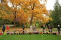 People buying cut Dahlias for sale Public park Germany