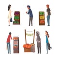 People buying eco products at street market stalls and wooden crates set. Outdoor local fair, farmers market cartoon