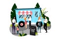 People buying fast food meals in a food truck. Vector flat colorful illustration. Street food festival concept Royalty Free Stock Photo