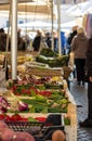 People buying fruits and vegetables at the market of Campo Di& x27; Fiori in Rome Royalty Free Stock Photo