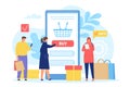 People buying in online shop. Smartphone screen with shopping basket. Poster with men and women with bags. Mobile store