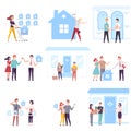 People Buying or Renting Real Estate Set, Agents or Brokers Helping Couples to Choose House Vector Illustration