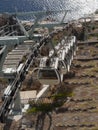 The funicular carries passengers from the city center to the old port , in Fira Santorini island ,Greece.