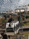 The funicular carries passengers from the city center to the old port , in Fira Santorini island ,Greece.